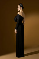 Black I.H.F rosette crepe and taffeta gown with layered design and elegant draping, perfect for formal occasions.