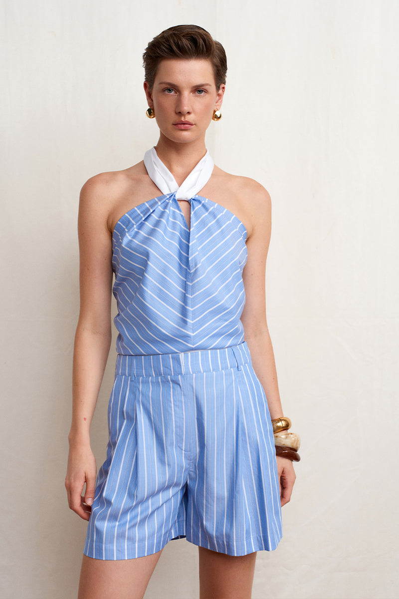 Blue striped Soulmate Twill Shorts by Acaria Studio, showing the tailored fit and lightweight fabric on a neutral background.