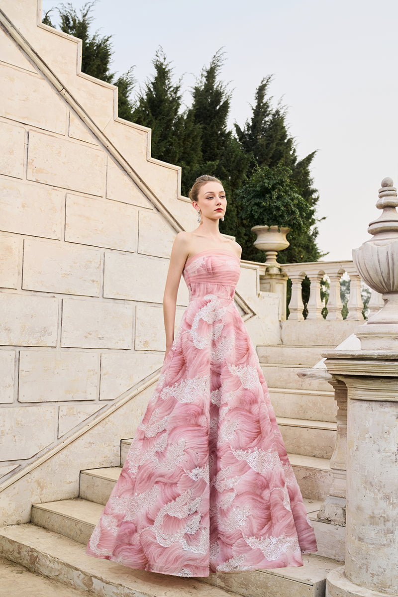pink tulle midi dress Long Sleeve Tiered midi skirt with an extra layer of tulle for soft volume and graceful movement Blush Floral Corset Tulle Midi