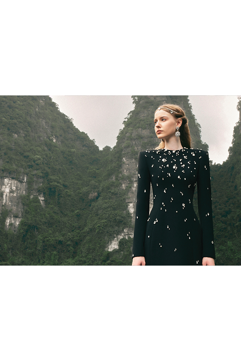 BLACK STONE-EMBELLISHED LONG-SLEEVE GOWN - CULT MIA