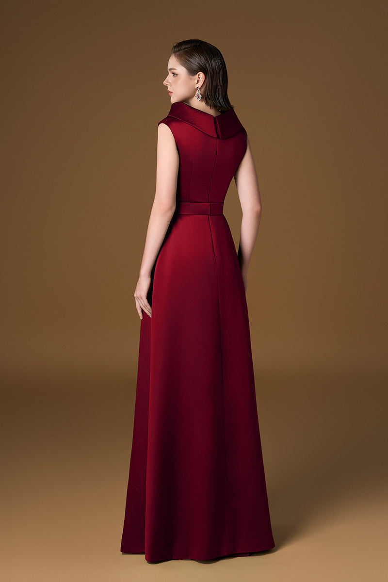 Red satin-lined gown by I.H.F with shimmer satin silk fabric, elegant and flowing, designed for formal occasions.