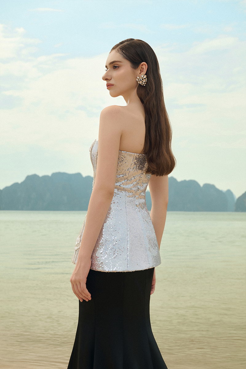 Lune De Soie shimmer taffeta top and skirt co-ord set, elegant matching outfit with shimmering fabric and tailored fit.