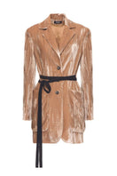 Vaska caramel tailored silk velvet jacket featuring a sleek fit and luxurious texture, shown on a neutral background.