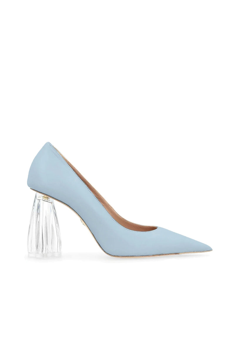 Blue Fiorellini glass pump heels by House of Atana, featuring transparent glass heels and elegant blue satin straps.