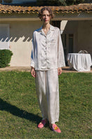KIKI Pearl Cat 22 Momme Silk long pajama set in soft, luxurious silk, featuring a relaxed fit and elegant design for comfortable loungewear.