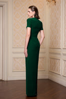Green I.H.F trapeze short sleeve crepe dress, elegant gown with a flowing silhouette and stylish short sleeves.