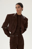 LARETAGGIO GIRRONE suede blazer with notch lapels and tailored fit, shown in a stylish, close-up view.