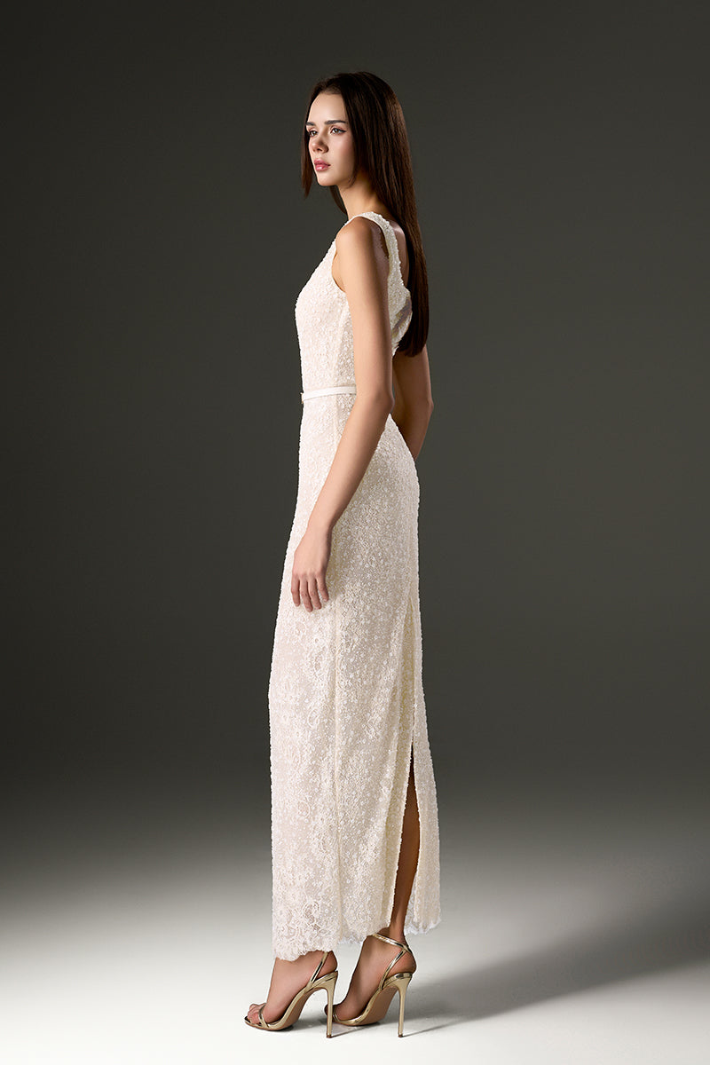 SQUARE NECK MESH LACE MIDI DRESS IN WHITE | CULT MIA