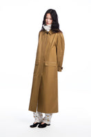 Long brown trench coat with a collar from Chictopia, displayed on a hanger with a classic, stylish design.