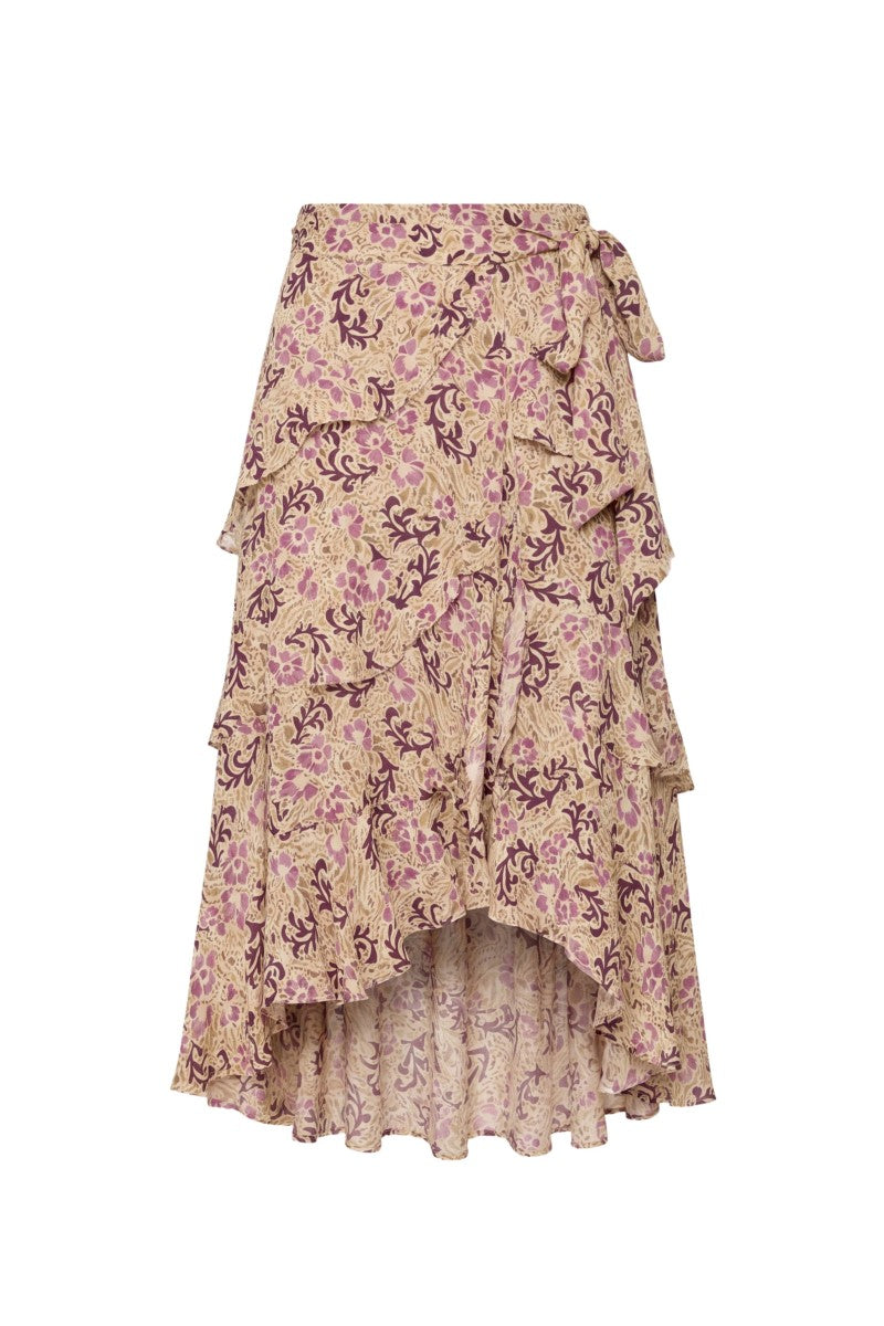 Rebecca Taylor RAE ruffle wrap midi skirt with layered ruffle details and a flattering wrap design, shown in a stylish setting.