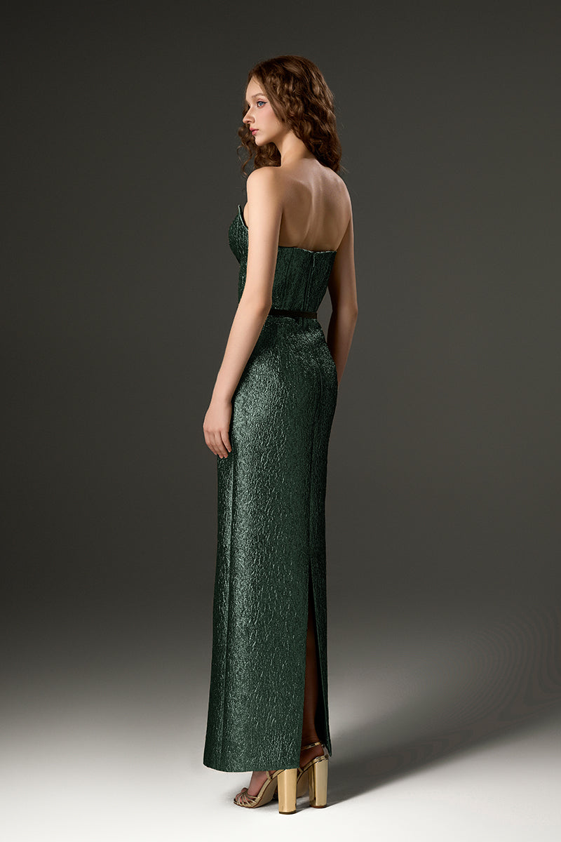 Green Lotus Jacquard Column Maxi Dress by I.H.F Studio, featuring intricate jacquard fabric and elegant floor-length design.