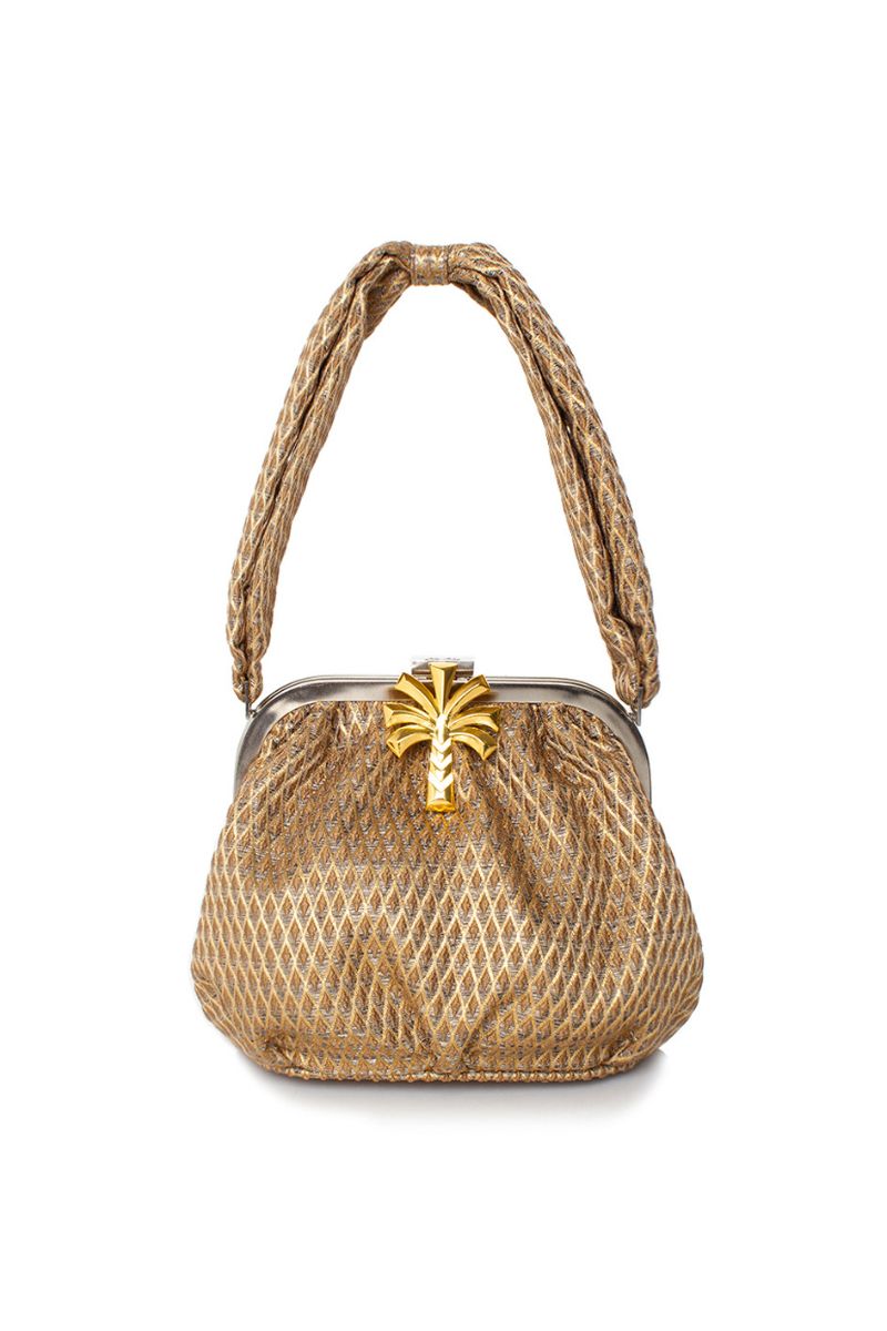 Sarah's Bag Palm on Marquise Gold Bella shoulder bag with gold accents and palm design, stylish accessory for everyday use.