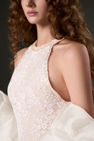 White halter mesh lace gown by I.H.F Studio with intricate lace detailing and elegant fit, perfect for formal occasions.