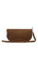 VIKELE STUDIO Denise bag in brown suede, shoulder bag with sleek design and adjustable strap, showing front view and texture details.