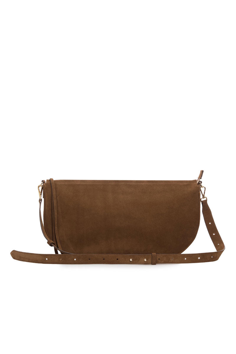 VIKELE STUDIO Denise bag in brown suede, shoulder bag with sleek design and adjustable strap, showing front view and texture details.