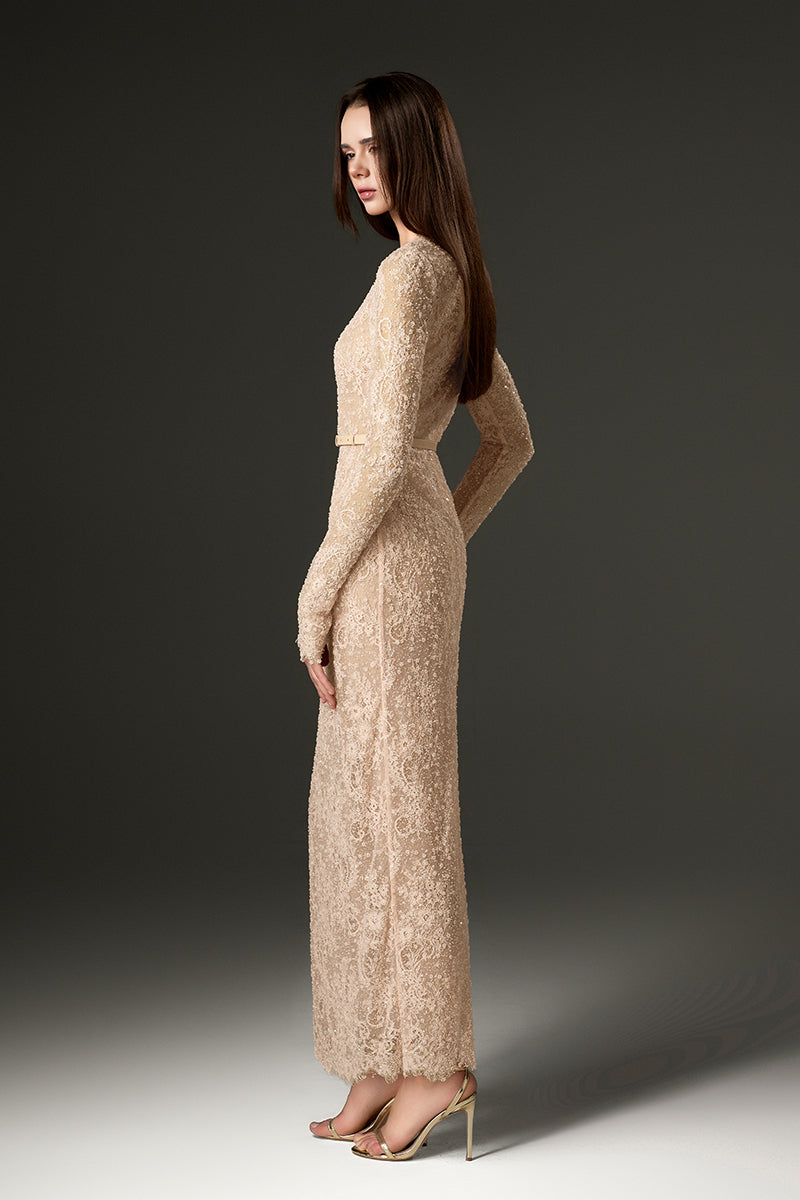 LONG SLEEVE MESH LACE MIDI DRESS IN BEIGE - Beige / XS LONG SLEEVE MESH LACE MIDI DRESS IN BEIGE - Beige / XS