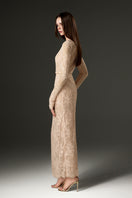 Beige long sleeve mesh lace midi dress by I.H.F Studio, featuring intricate lace details and a fitted silhouette.