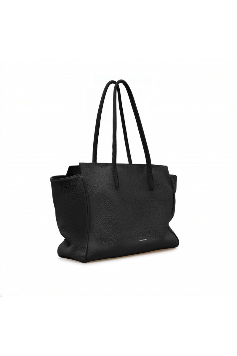 Black VIKELE STUDIO tote bag with shoulder straps, showing the spacious interior and sleek design.
