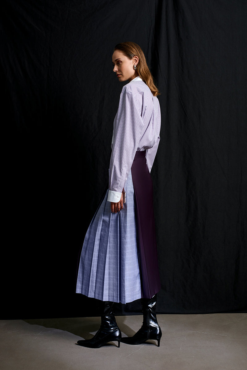 Purple striped Acaria Studio Heritage non-iron shirt with a classic collar and long sleeves, displayed flat.