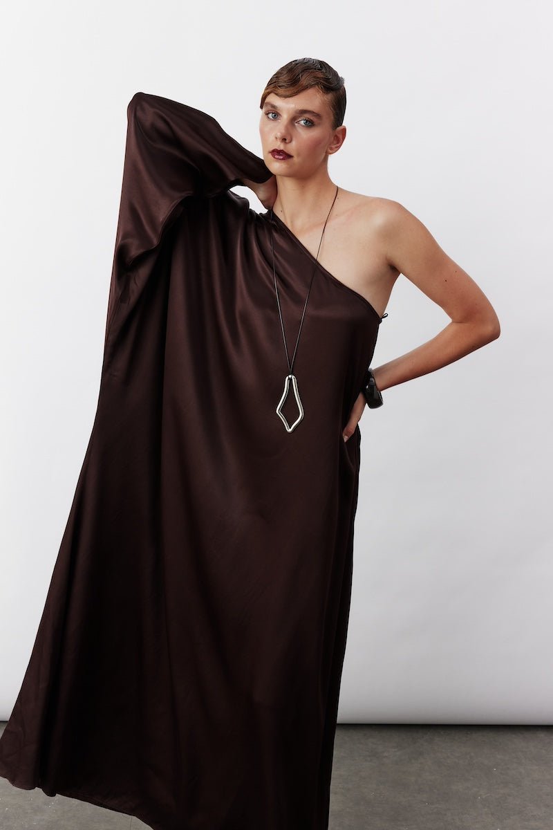 one shoulder chocolate brown dress Viola One Shoulder Maxi Dress