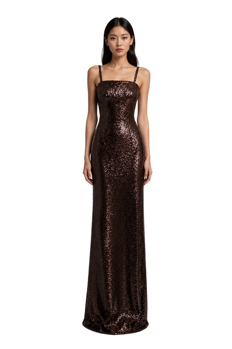 Brown Cocoa ankle-length evening gown by Lili Blanc featuring a fitted silhouette and elegant design.