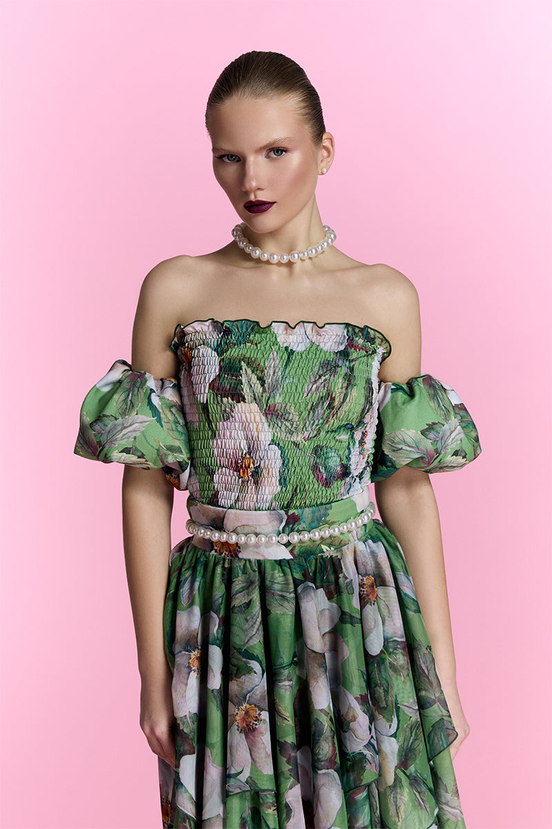Nur Karaata Provence Poème gown, elegant floral wedding or evening gown with delicate fabric and intricate design details.