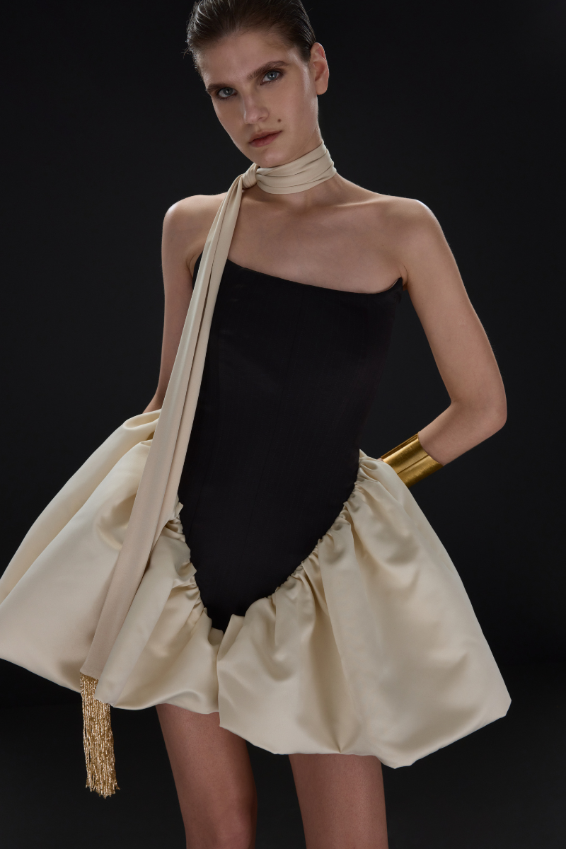 BalYKINA violet two-sided mini dress with stylish design, shown from the front on a model.