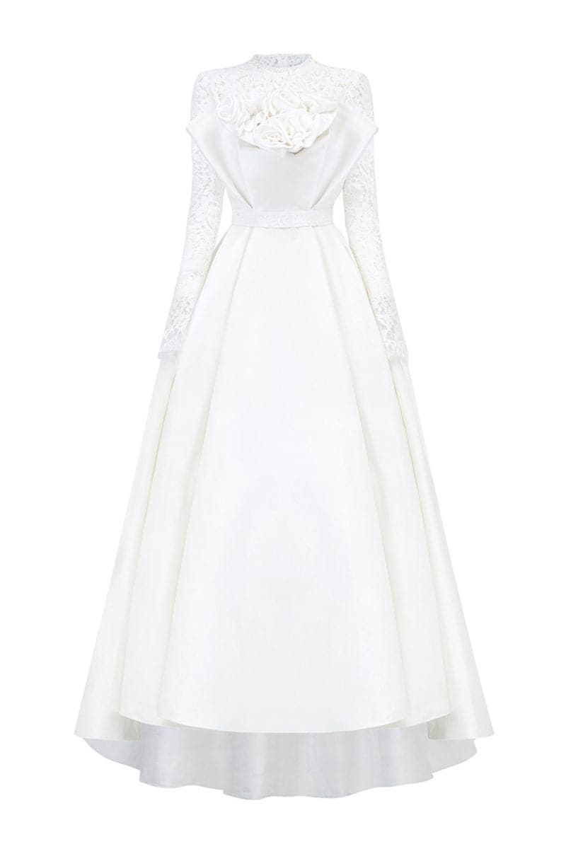 DRAPED BUSTIER TAFFETA GOWN WITH LONG LACE SLEEVES - CULT MIA