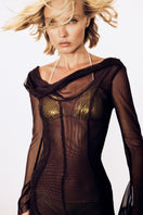 Suncillo brown mesh maxi dress with flowing fabric and long length, perfect for elegant summer or evening wear.