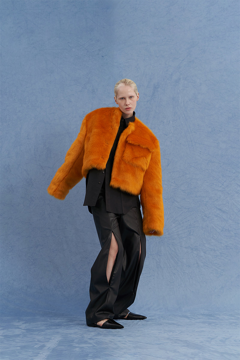 EXAGGERATED SHOULDER SHEARLING JACKET IN ORANGE - CULT MIA