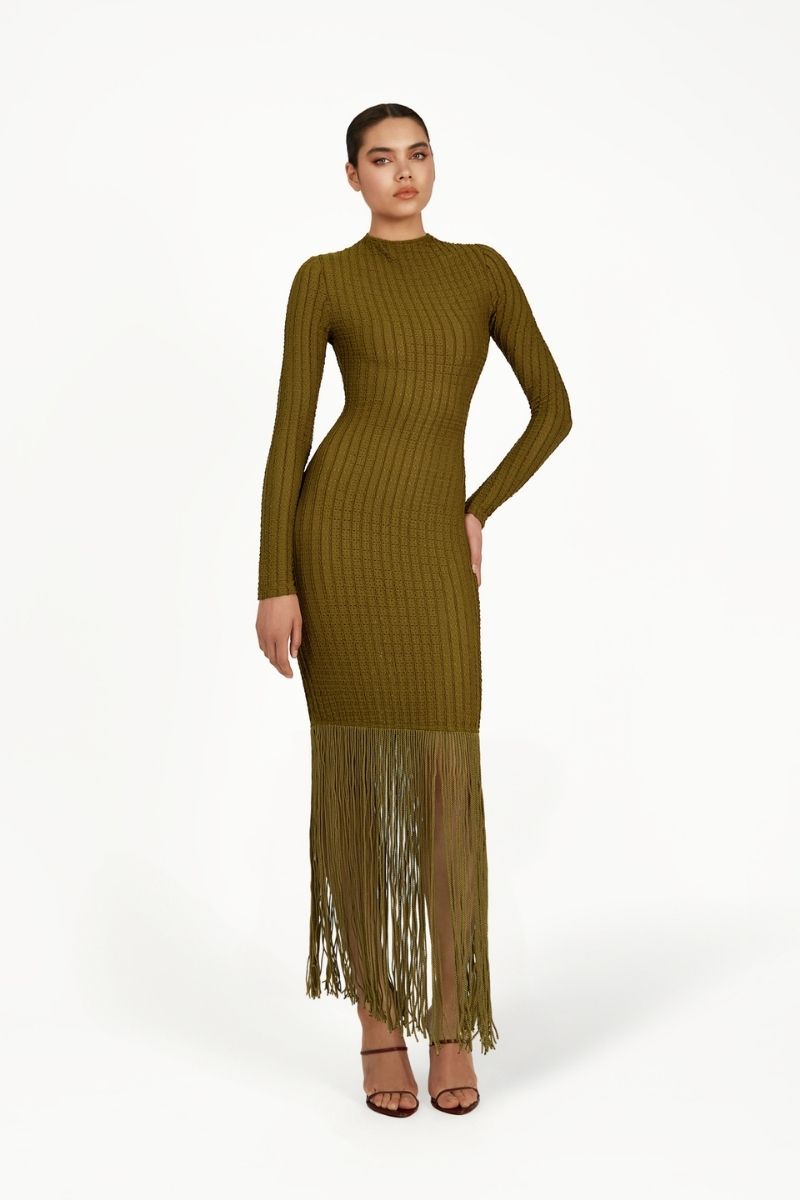Kahra maxi dress in khaki by Khanum's featuring a flowing silhouette and elegant design, displayed on a hanger.