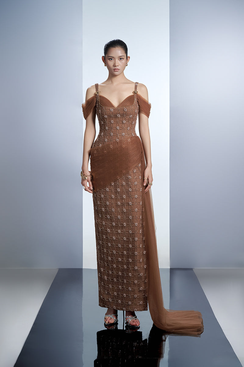 CRYSTAL MAXI DRESS IN BROWN - CULT MIA