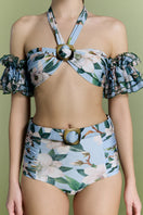 Nur Karaata Coconut Coastline bikini top and bottom with tropical coconut and coastline print, perfect for beachwear.