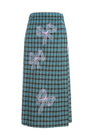 Gvasalia teal and pink checkered pleated midi skirt with bow ties, stylish and vibrant women's fashion skirt.