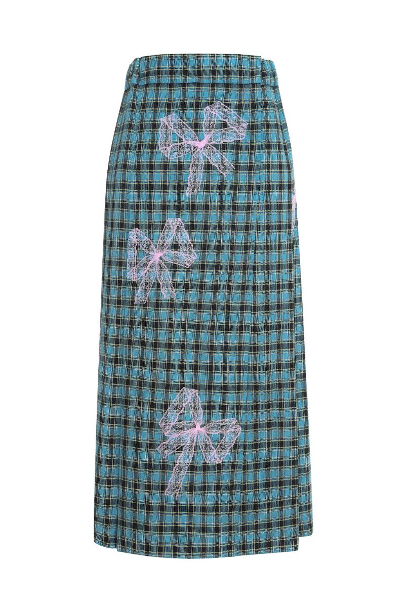 Gvasalia teal and pink checkered pleated midi skirt with bow ties, stylish and vibrant women's fashion skirt.