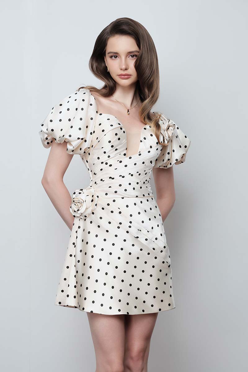 Do Long Rose Dot Mini Dress featuring a stylish mini dress with a floral rose dot pattern and a fitted silhouette.
