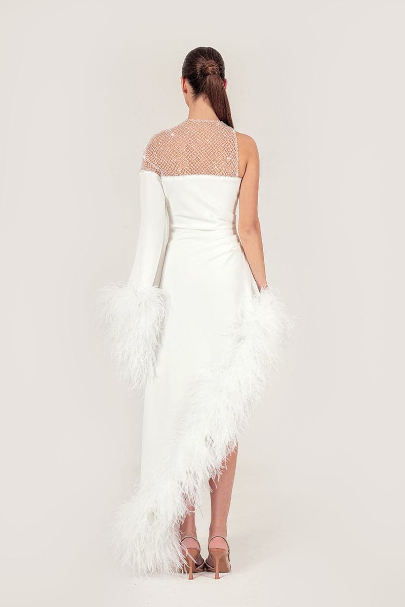 LUXURY FEATHER-TRIM CREPE MAXI DRESS - CULT MIA