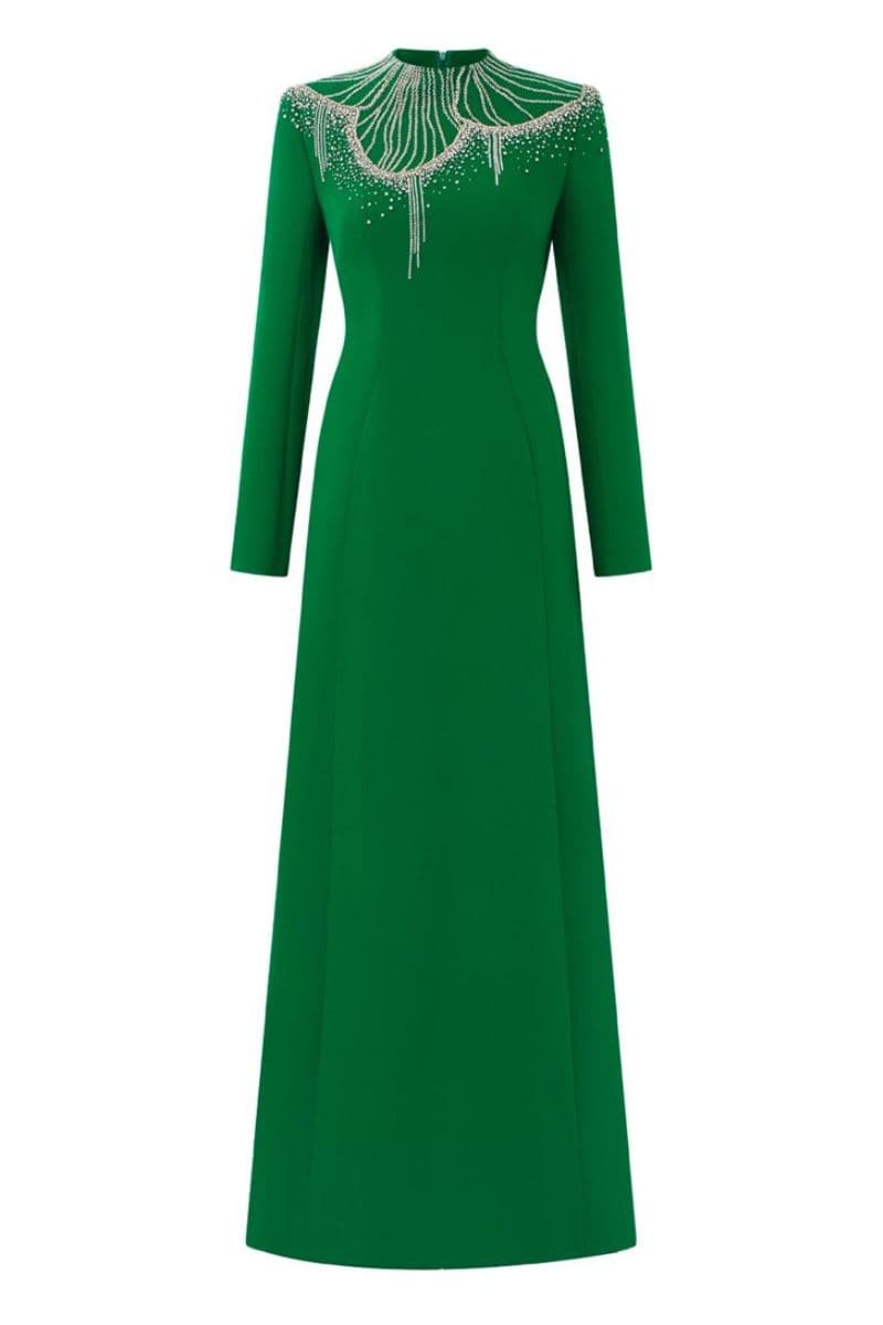 GREEN ROUND CRYSTAL EMBELLISHED GOWN - CULT MIA