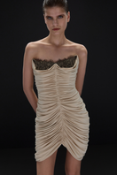 Beige Eden mini dress by Balykina, stylish short dress with a fitted silhouette and subtle fabric texture.