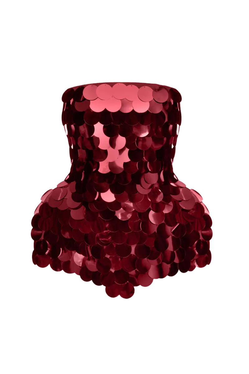 Sequin burgundy corset top by Balykina with fitted design and decorative sequins, perfect for stylish evening wear.