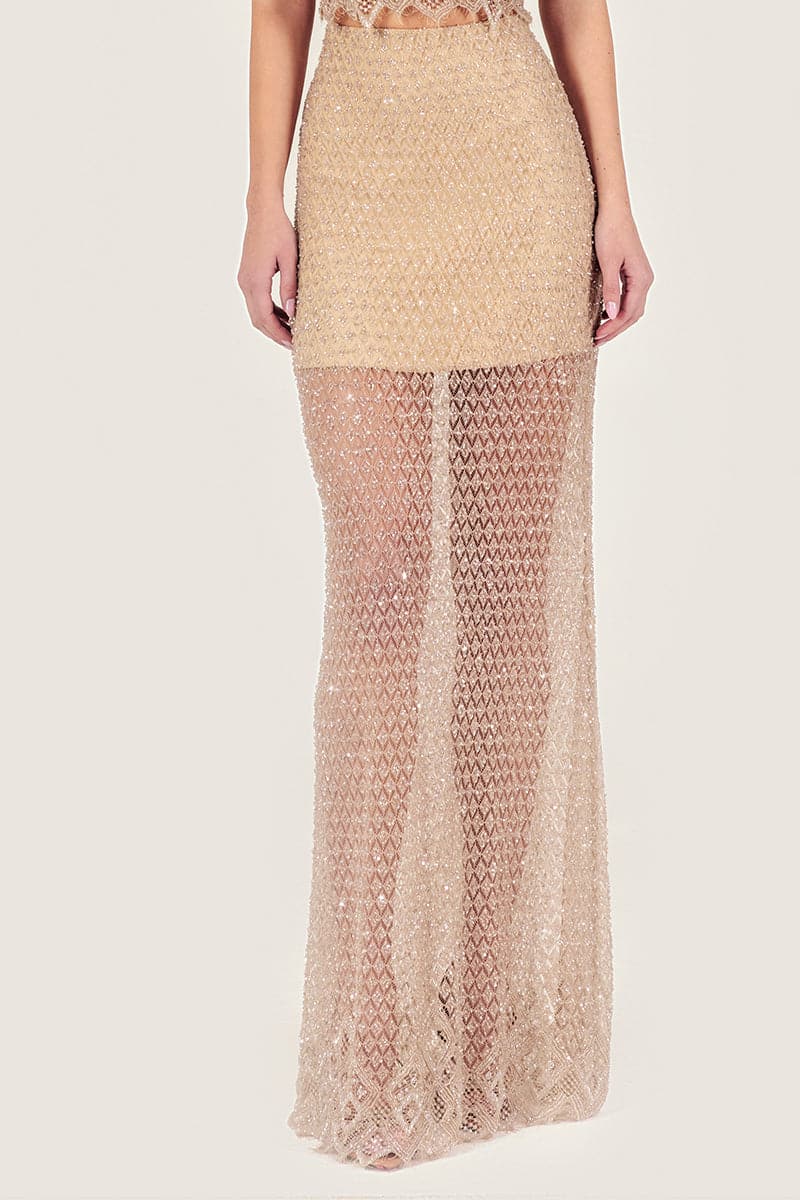GOLD EMBELLISHED LACE MAXI SKIRT - CULT MIA