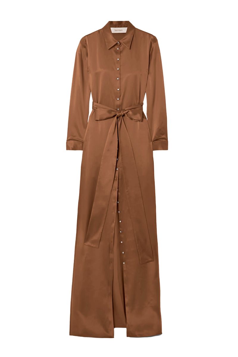 SILK SHIRT DRESS WITH SIDE SLITS IN CAMEL - CULT MIA