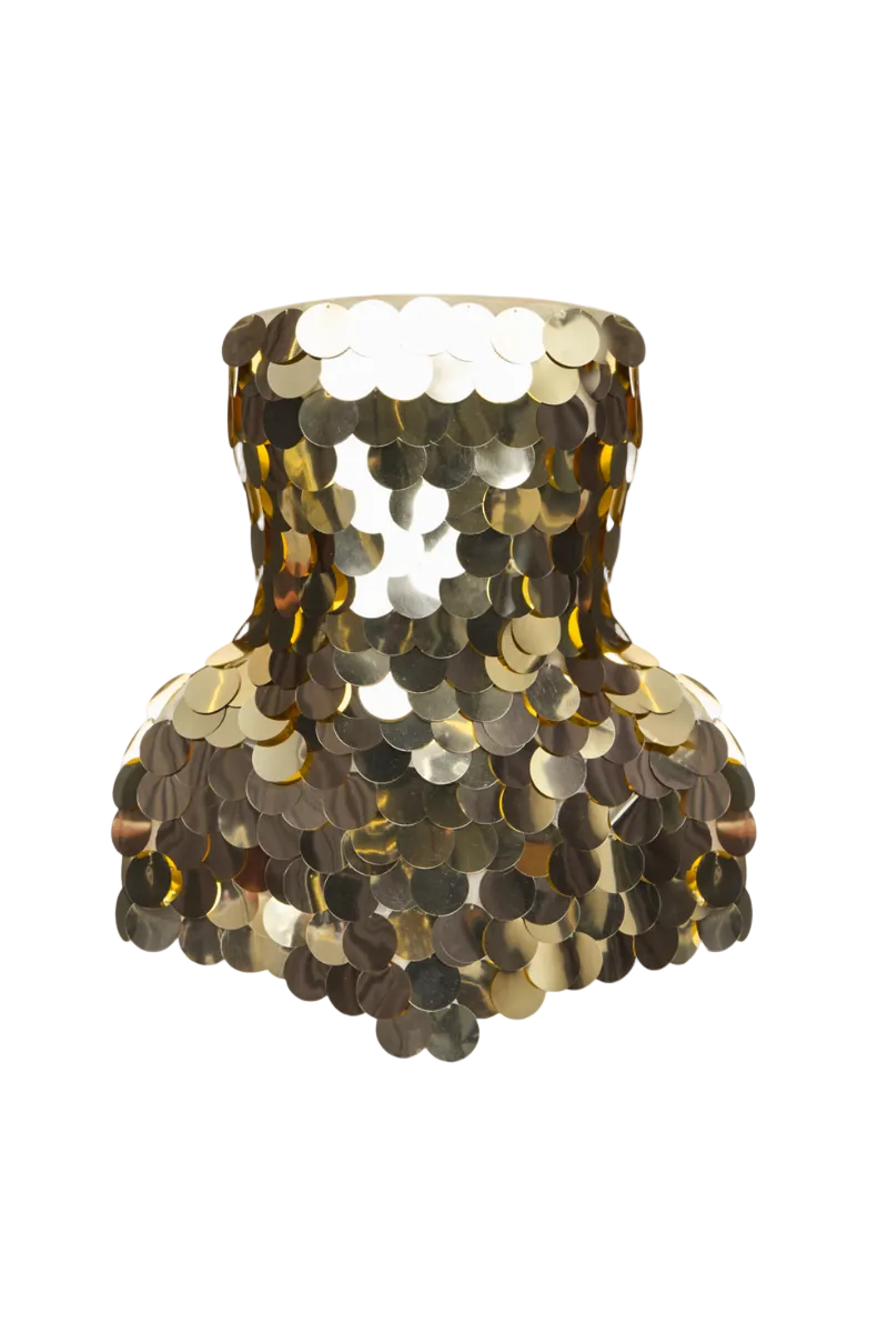 Gold sequined corset top by Balykina featuring a fitted design with shimmering sequins and structured bust detail.