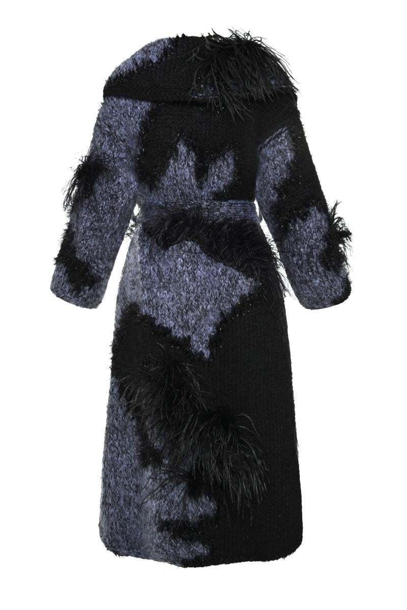 Lalo oversized gray and black coat with belt, showcasing a stylish, loose-fit design suitable for cold weather.