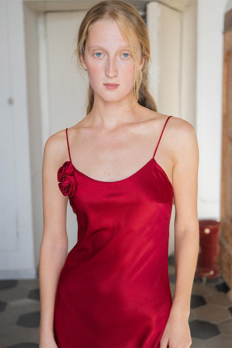 PETALS SILK BIAS-CUT DRESS IN RED - CULT MIA