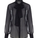 Mirel Prentice tie-neck chiffon shirt in soft, flowing fabric with long sleeves and a stylish collar, displayed on a hanger.