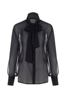 Mirel Prentice tie-neck chiffon shirt in soft, flowing fabric with long sleeves and a stylish collar, displayed on a hanger.