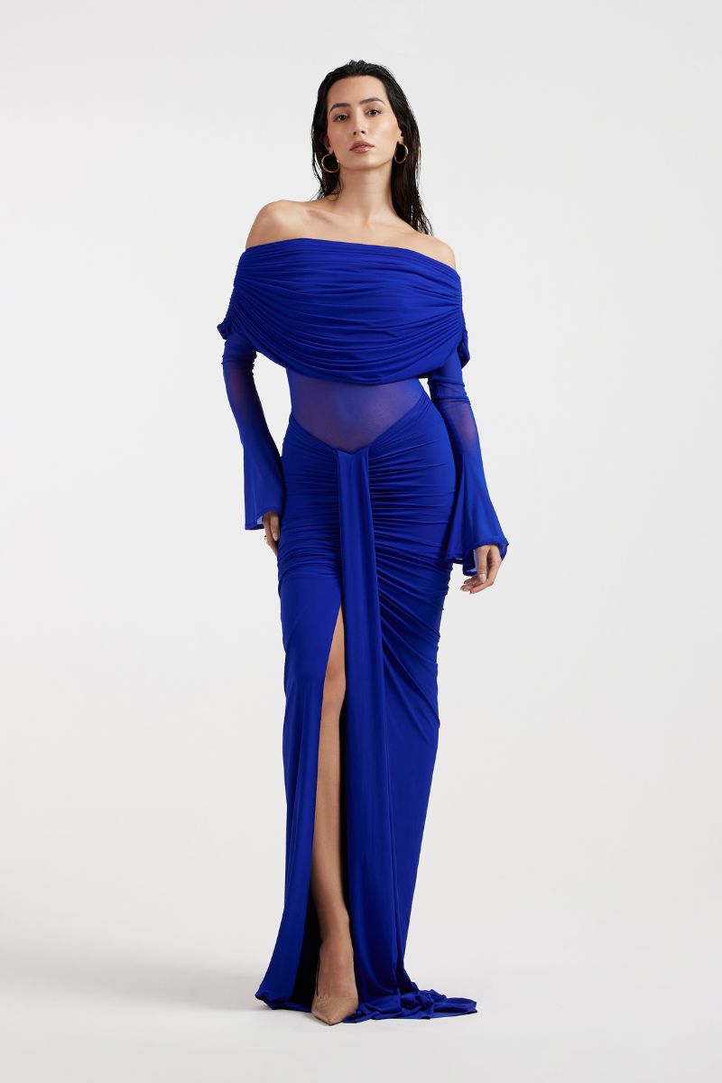THALIA OFF SHOULDER COBALT DRESS - CULT MIA