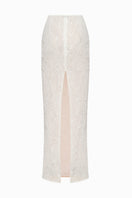BalYKina sequined lace maxi skirt featuring intricate lace details and shimmering sequins, full-length design for elegant styling.
