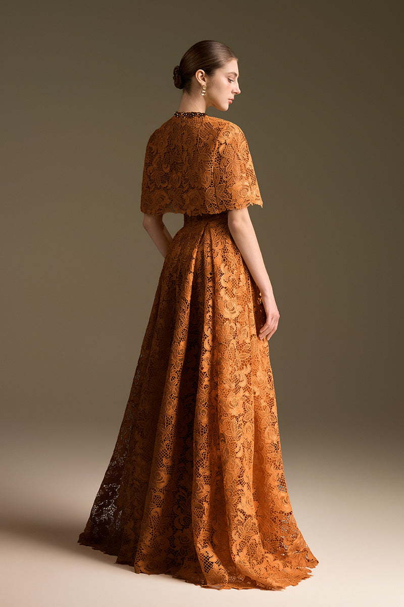 I.H.F CULT MIA X orange bustier A-line gown with fitted bodice and flowing skirt, elegant evening dress.